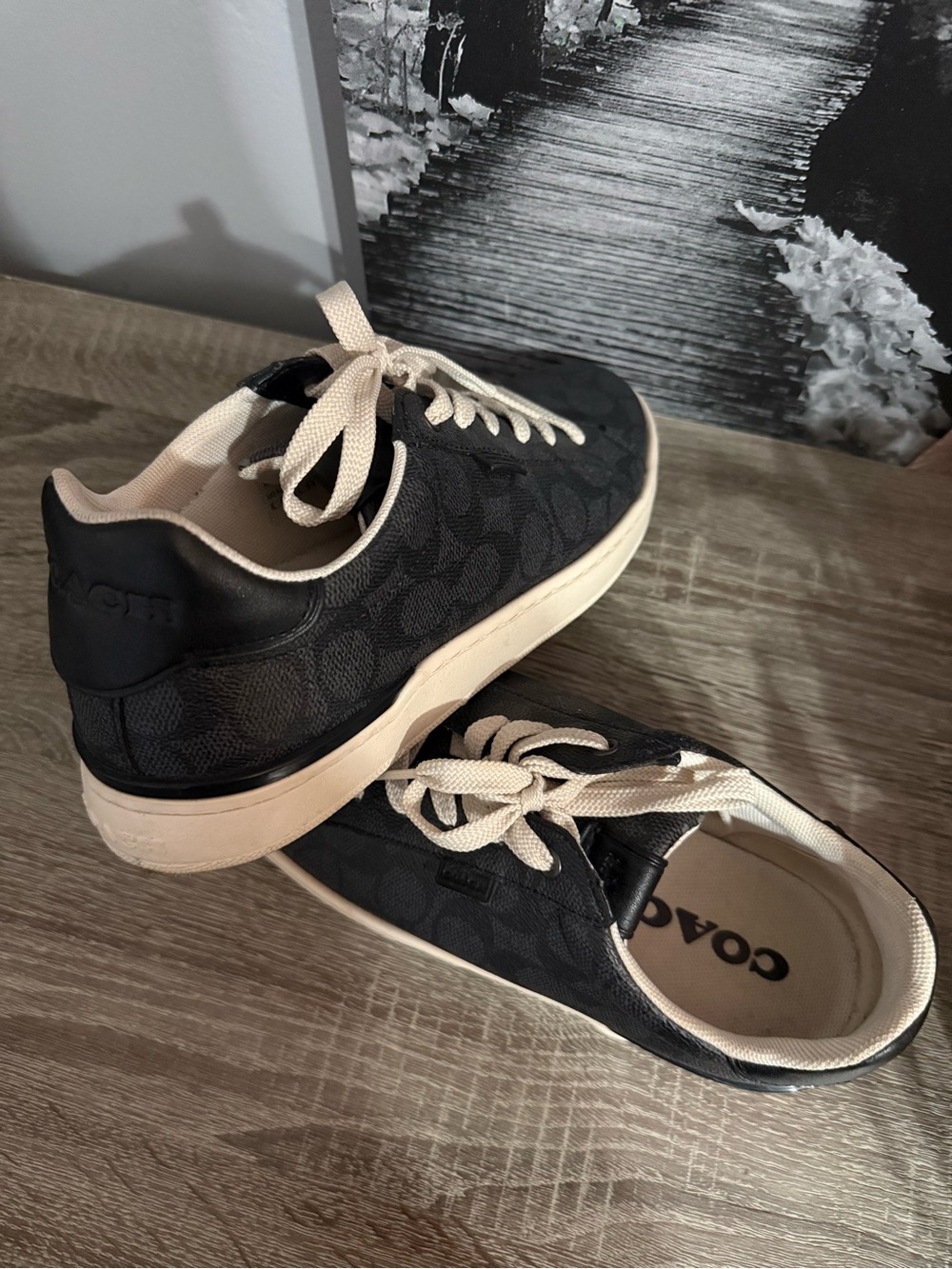 Coach women Black Canvas Signature Sneakers with Cream Accents